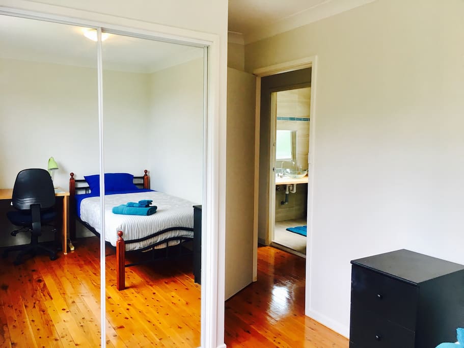 Room has mirrored built in cupboards with excellent storage area and immediate access to own bathroom.