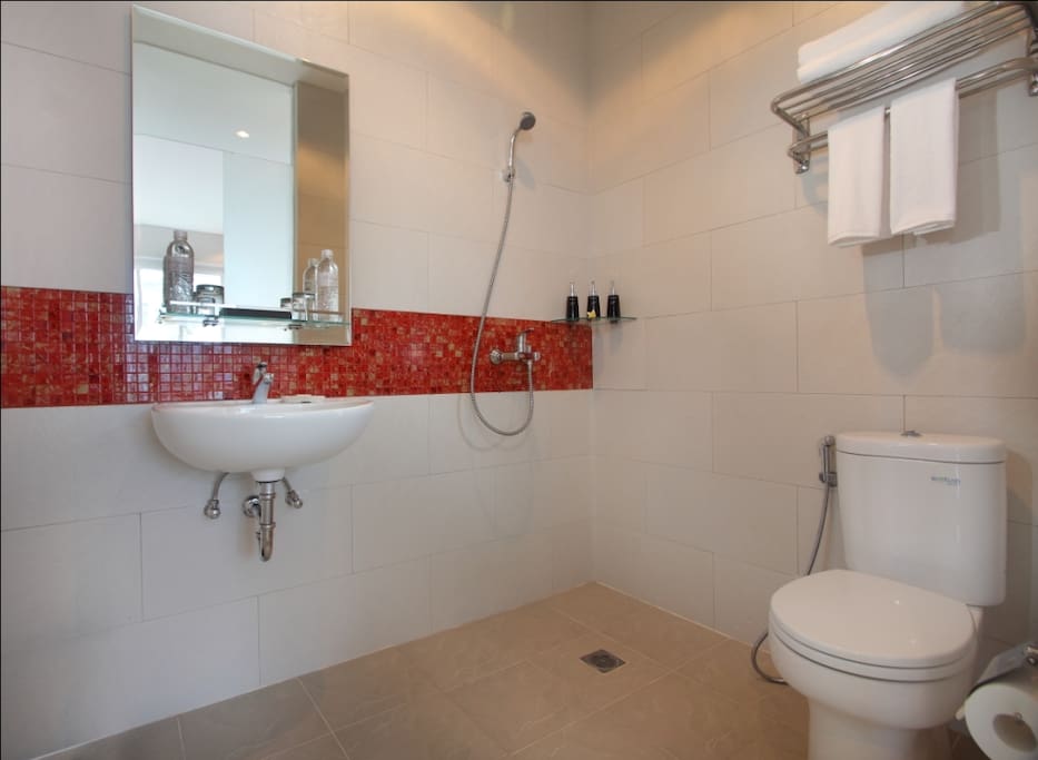 bathroom with shower, we provide shampoo and soap