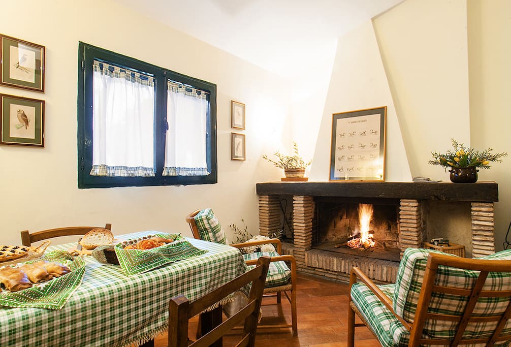 Cucina e zona giorno con camino / Kitchen and living area with