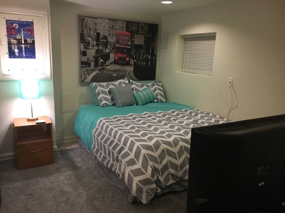 The bedroom area of the studio that has a queen bed, fluffy rug, nightstand, light, and tv