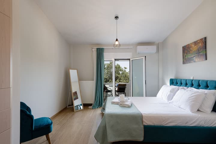 1st Floor | Bedroom 1 | Step into a one bedroom retreat and luxury with a comfy skylight couch, a 32"SMART TV, and a private balcony offering a serene retreat.
and view to the pool and to the  city.