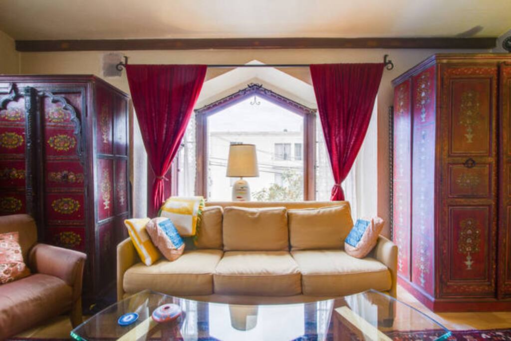 Spacious living room with French windows.