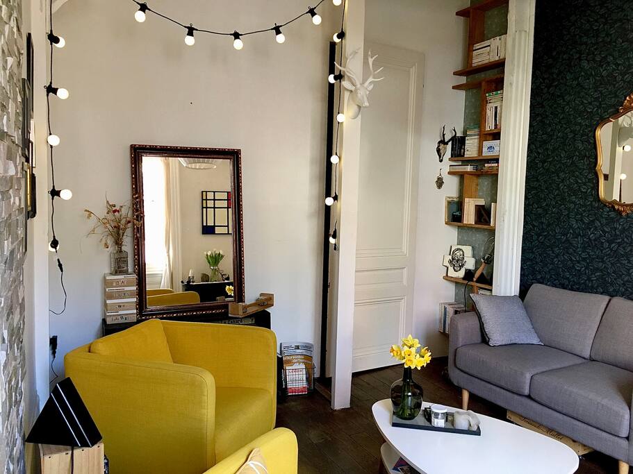 Le séjour, sans TV, mais avec de la lecture et de quoi s'installer confortablement face à Fourvière...