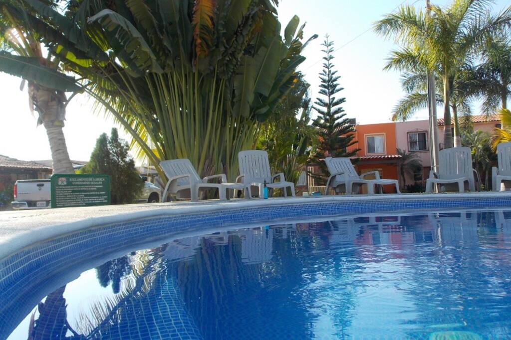 Alberca y camastros para disfrutar del sol durante el día. Con chapoteadero para niños.