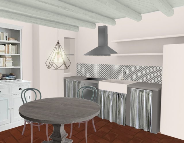 The kitchen area features a rustic wooden table surrounded by simple chairs. A geometric pattern decorates the backsplash, and modern appliances are integrated smoothly into the cabinetry. Natural light is invited through a unique hanging light fixture above the table, complemented by exposed wooden beams.