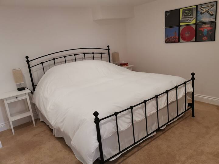 تحتوي غرفة نوم SkyView 2 (كينج) على خزانة ملابس ، وطاولتين ليليتين مع منافذ ، وسطح صغير... وفن الألبوم!