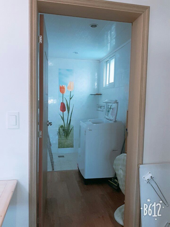 A bathroom entrance is visible, featuring a floral mural of tulips on the wall. A washing machine is positioned to the side, and a small window allows natural light to enter. The floor is tiled, creating a clean and functional space.