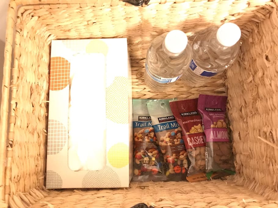 Complementary healthy snacks and bottled water.