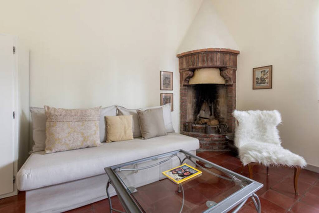 fireplace next to sofa bed