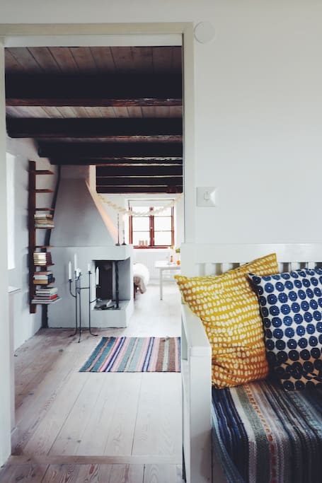 Open fire in living room from kitchen