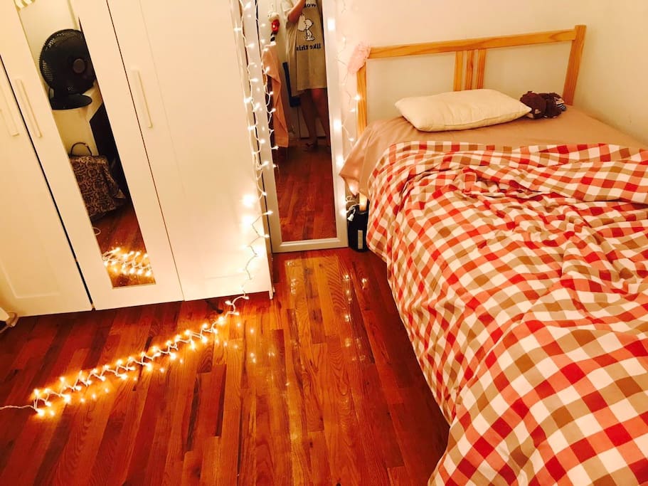 Bedroom: one big wardrobe (will be partially available for guests), mirror, twin-size bed.