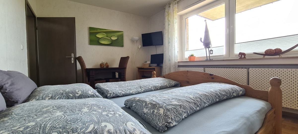 A spacious bedroom is featured, showcasing a large bed with patterned bedding and two decorative cushions. A work desk and chair are present, along with two monitors mounted on the wall. Natural light enters through a window, complemented by light curtains.