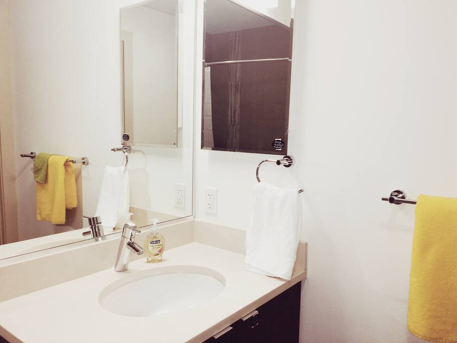 Luxury bathroom with towels, hair dryer, shampoo, etc.