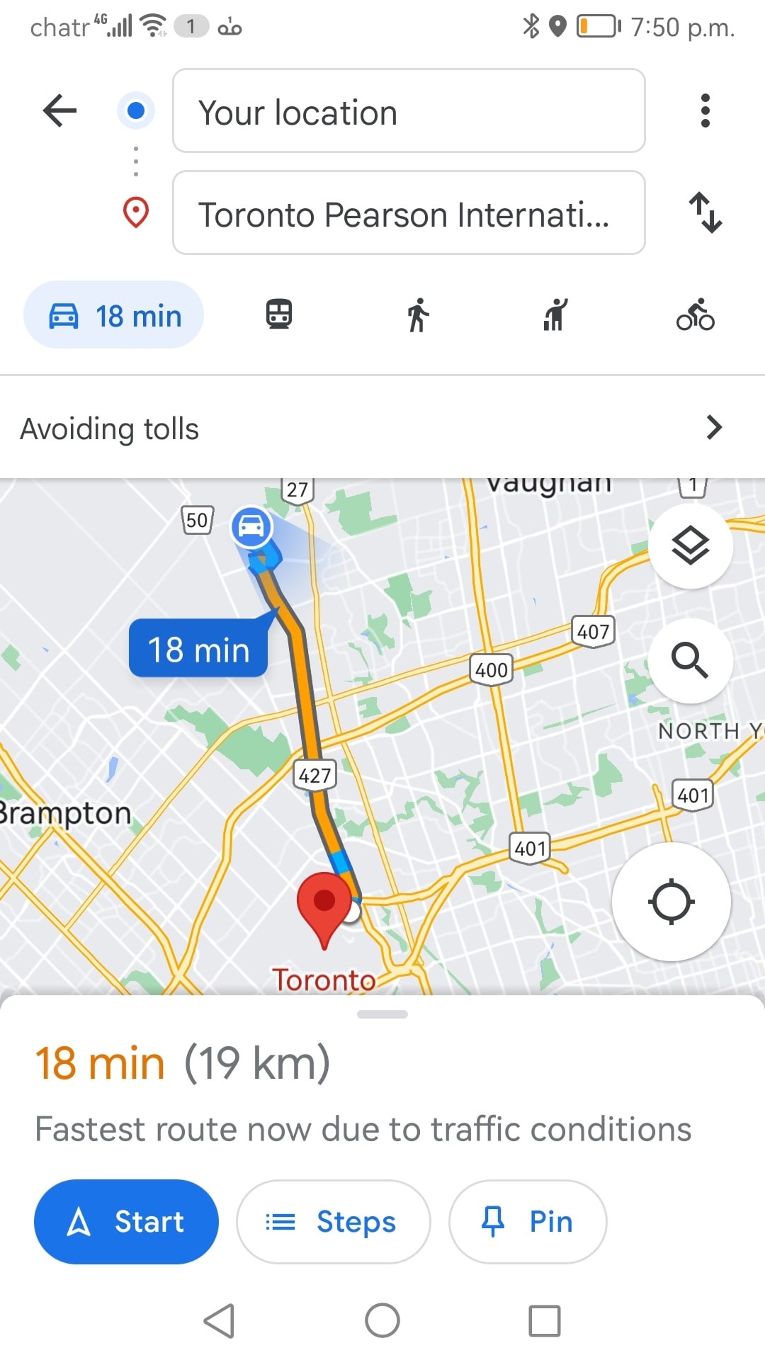 A map indicates a travel route from Toronto Pearson International Airport, showing an estimated travel time of 18 minutes. The highlighted path is outlined, with key roads such as Highway 427 noted, providing a clear view of the surrounding area.