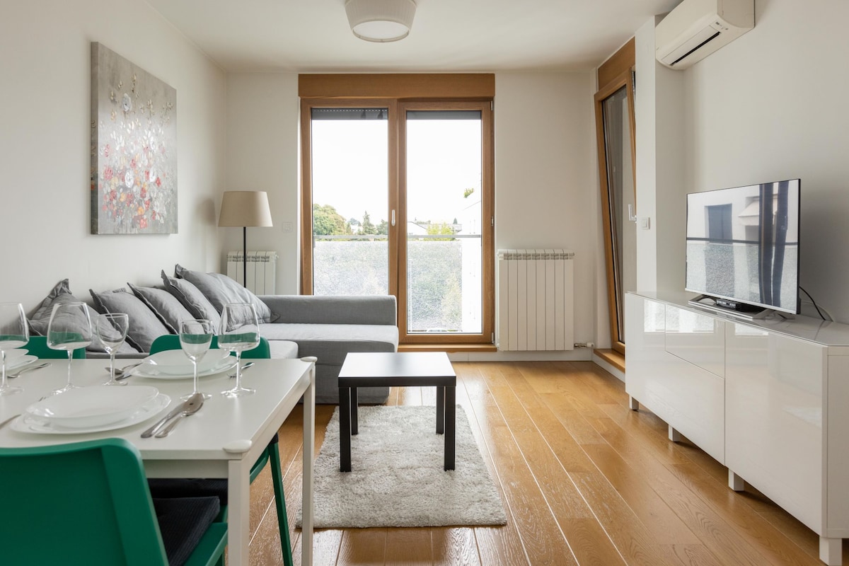A modern living room showcases a gray sofa adorned with decorative cushions. A small coffee table rests on a light rug, accompanied by a dining table set for four. Large windows provide natural light and park views, while a sleek TV cabinet completes the space.