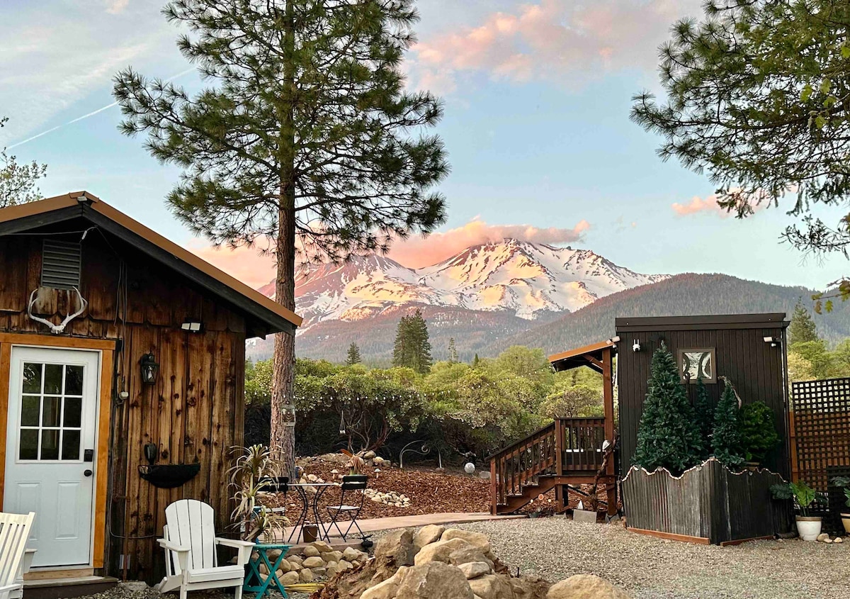A modern, eco-friendly home is shown nestled among trees, with a gravel path leading to a private entrance. Mt. Shasta looms majestically in the background, partially covered in snow. Comfortable seating areas are arranged outside, surrounded by rocks and landscaped greenery.
