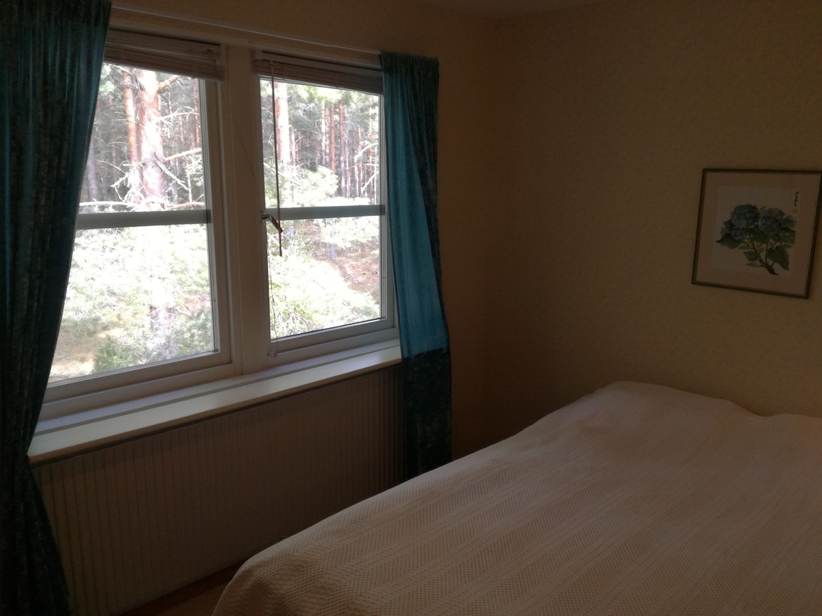 A softly lit bedroom features a spacious bed covered with a textured white duvet. Two large windows framed by blue curtains offer views of the surrounding forest, allowing natural light to enter and create a peaceful atmosphere.
