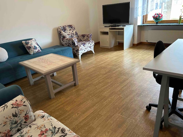 Მისაღები სივრცე დიდი გასაშლელი დივნითა და ორი სავარძლით 