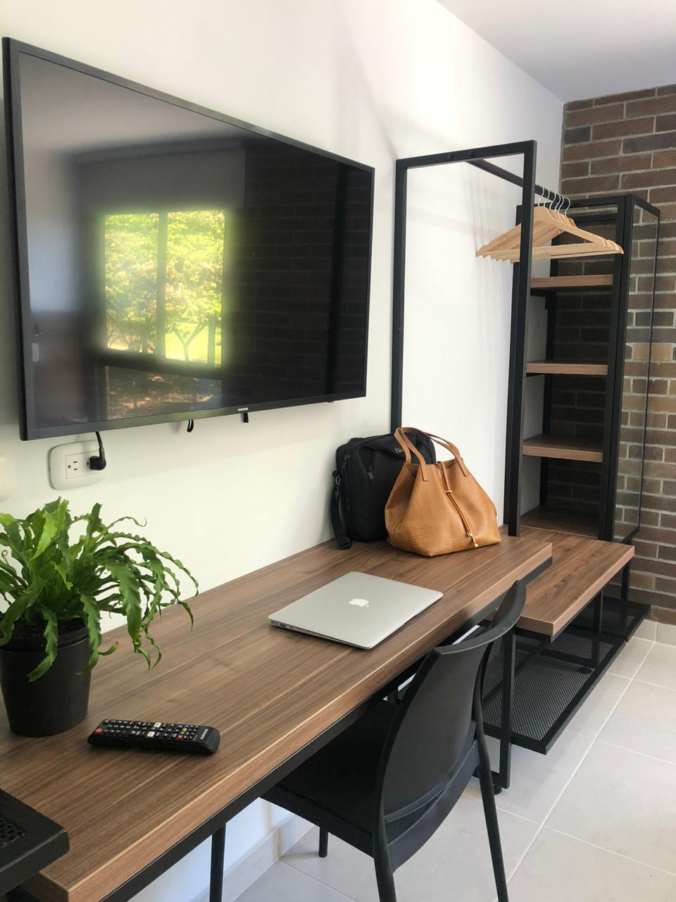 A functional workspace is featured with a wooden desk, a laptop, and a remote control. A television is mounted on the wall above. A potted plant adds a touch of greenery. A clothing rack with hangers and open shelving is positioned nearby, complemented by a bag placed on the floor.