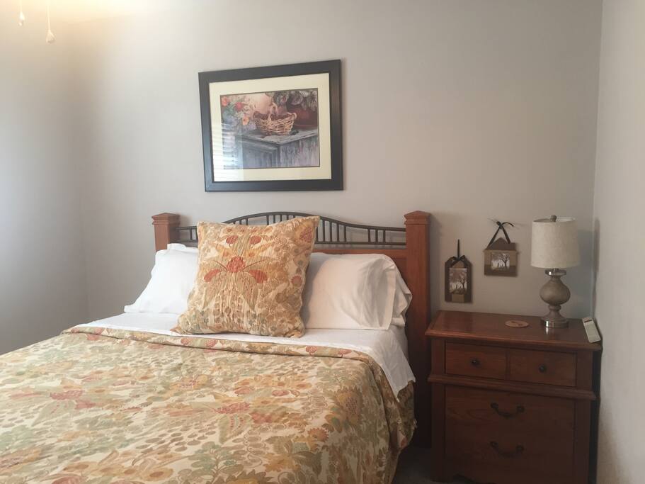 This is the second bedroom in our guest house . It has a queen size bed and it's own tv