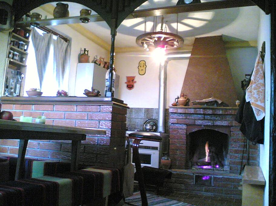 Fire-place and kitchen