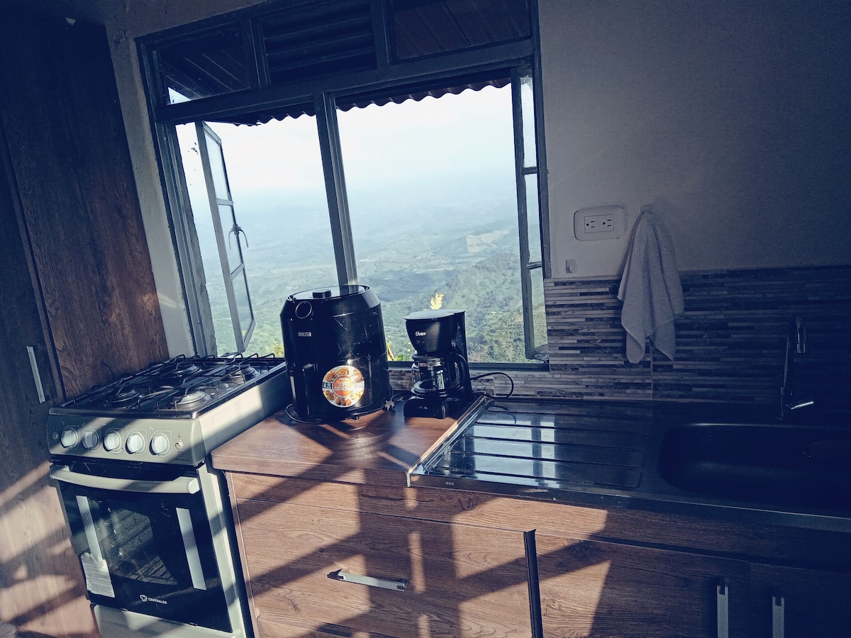 A modern kitchen is equipped with a gas stove, oven, and coffee maker, all positioned near a large window that offers expansive views of the surrounding landscape. Light is cast across the countertop from the window, enhancing the natural tones of the cabinetry.