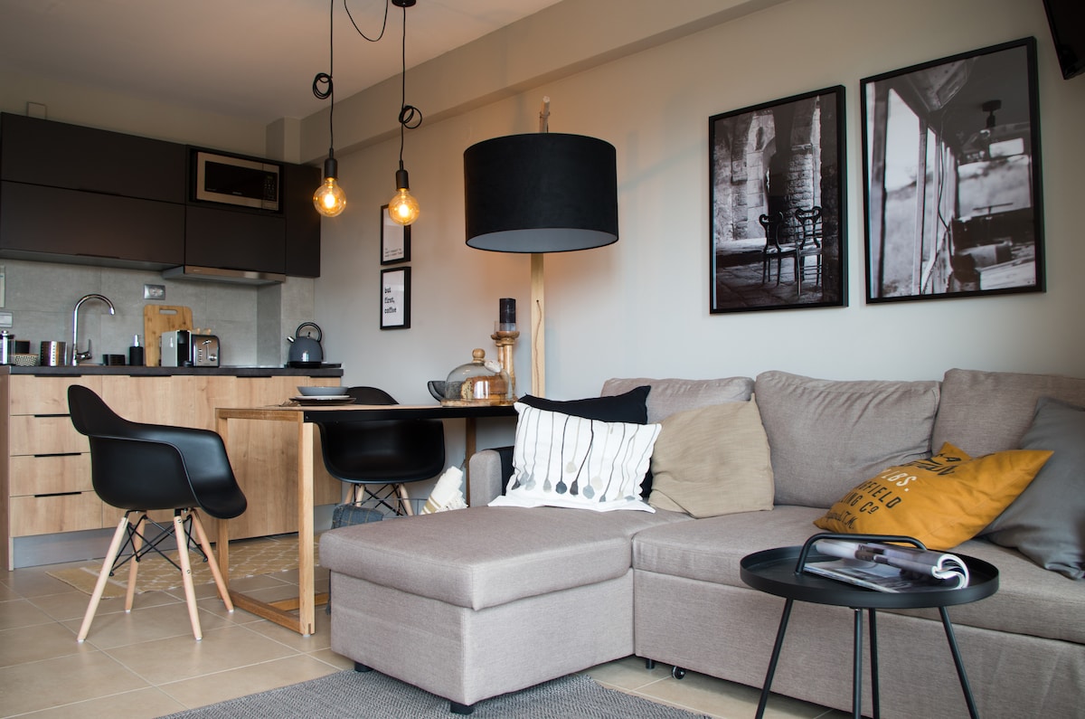 The studio apartment features a comfortable sofa-bed in a neutral tone, paired with a sleek black table and modern chairs. Unique light fixtures hang from the ceiling, while framed photographs adorn the walls, contributing to the minimalist aesthetic.