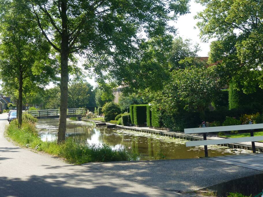 De typerende voorsloot met de bruggetjes.