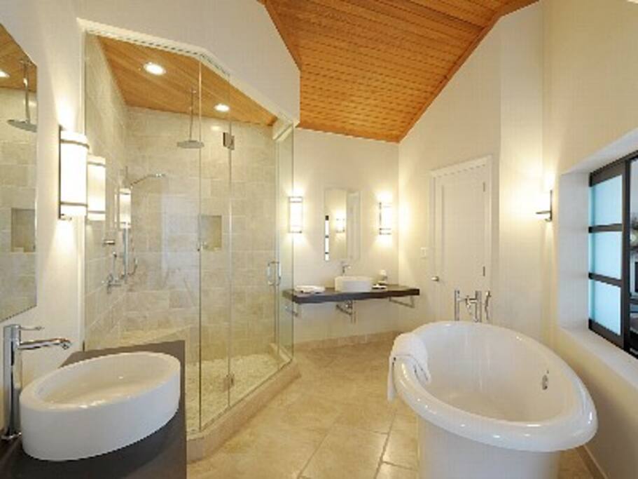 Bathroom wtih jetted tub and glass enclosed rain shower