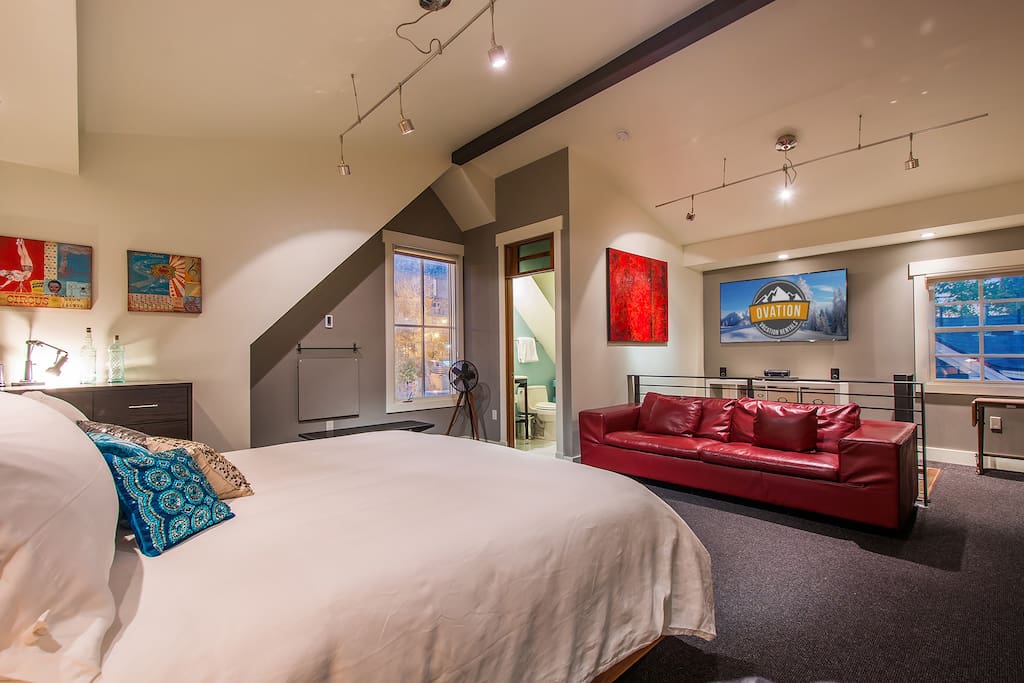 King Bed, 60" Plasma TV, Master bathroom, and private hot tub off of master deck.