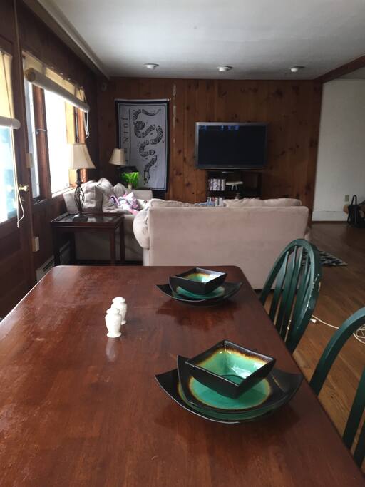 Spacious, open dining room and living room.