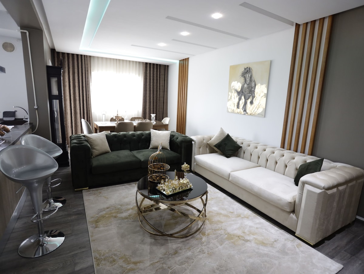 A stylish living area features a combination of a dark green sofa and a light-colored sectional couch. A round coffee table, adorned with decorative items, sits on a plush rug. Natural light filters through sheer curtains, enhancing the modern decor with art accents on the wall.