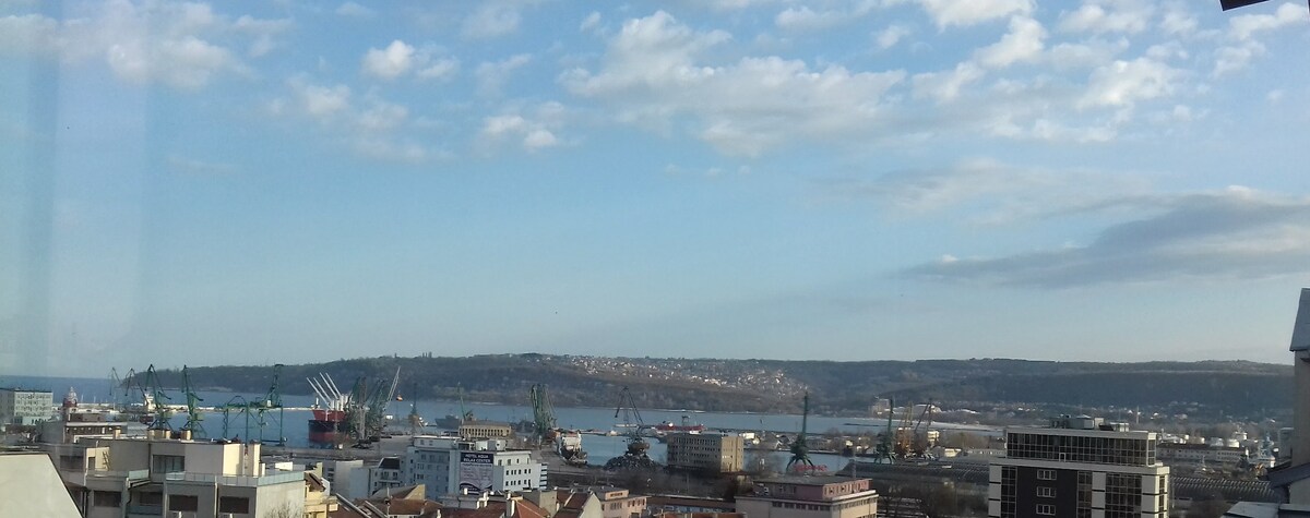 A panoramic view showcases a bustling waterfront, with cranes visible along the shoreline. The skyline features various buildings and structures, while the horizon reveals rolling hills under a partly clouded sky. The tranquil water reflects the sky’s colors, enhancing the scene's overall charm.
