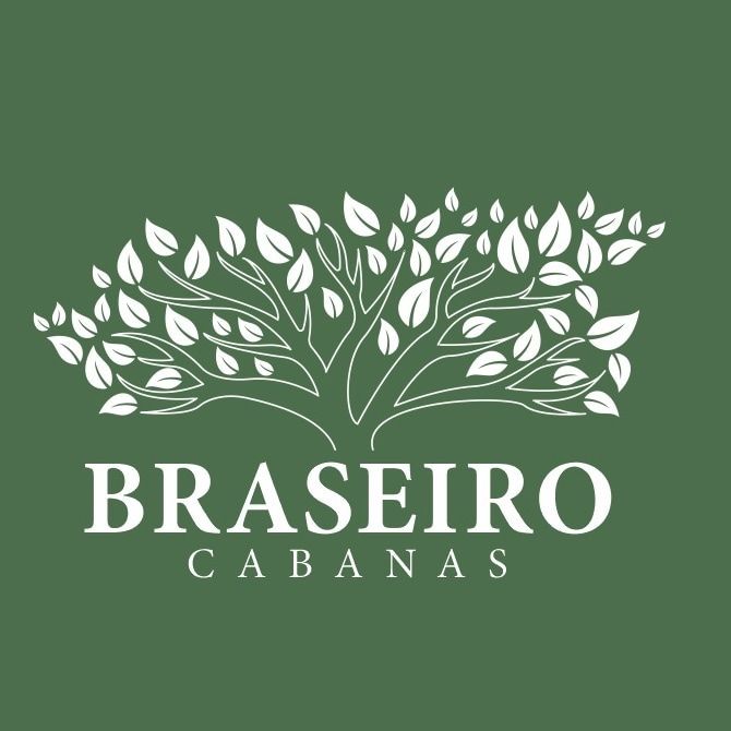 A minimalist logo features a stylized tree with branching leaves, rendered in white against a deep green background. The text 'Braseiro Cabanas' is elegantly displayed below the tree, highlighting a connection to nature.
