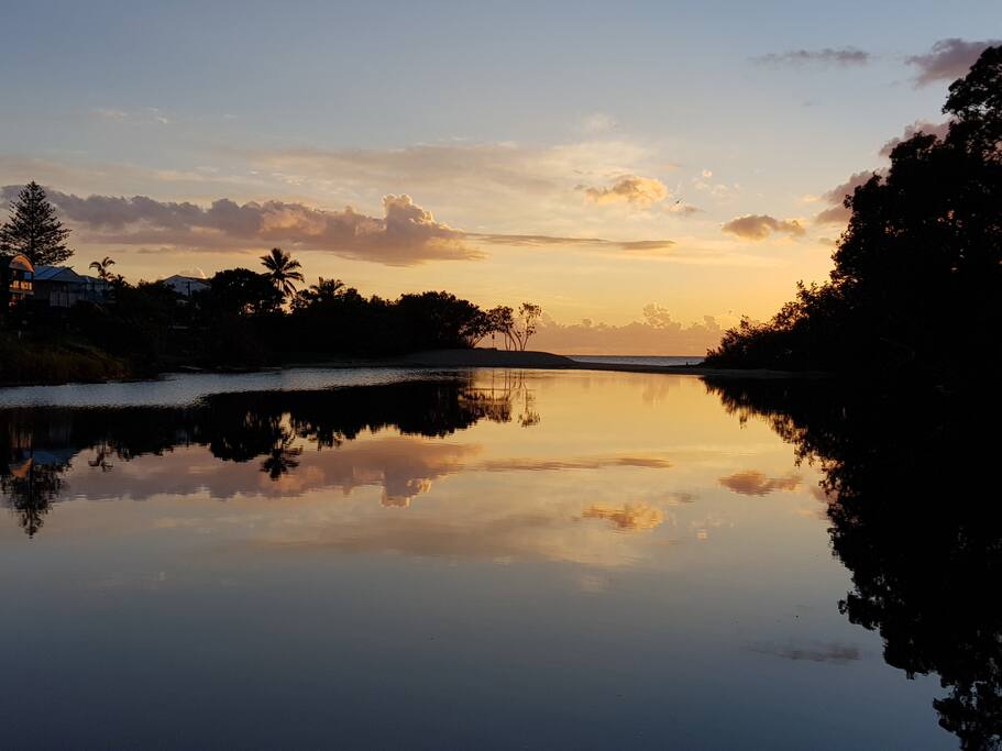 View across the street at sunrise