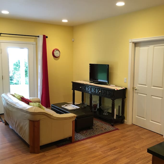 Living room with comfy couch and large screen tv.