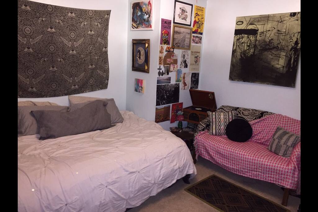 Queen size mattress with pillow top , sofa, record player w/aux cord