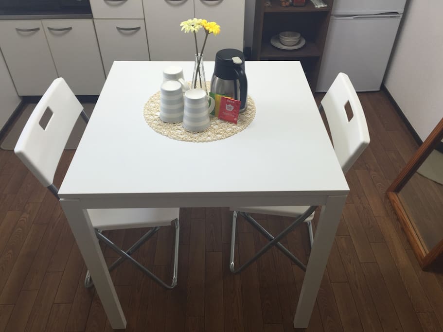 Table with free tea and coffee