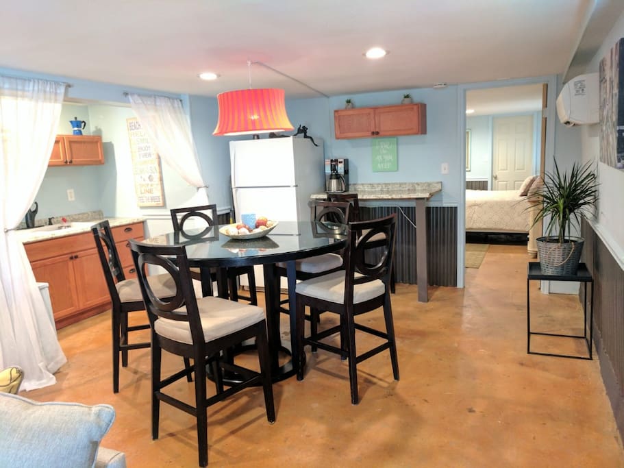 Full Kitchen with stove, fridge, coffee pot, dishes - your home away from home!