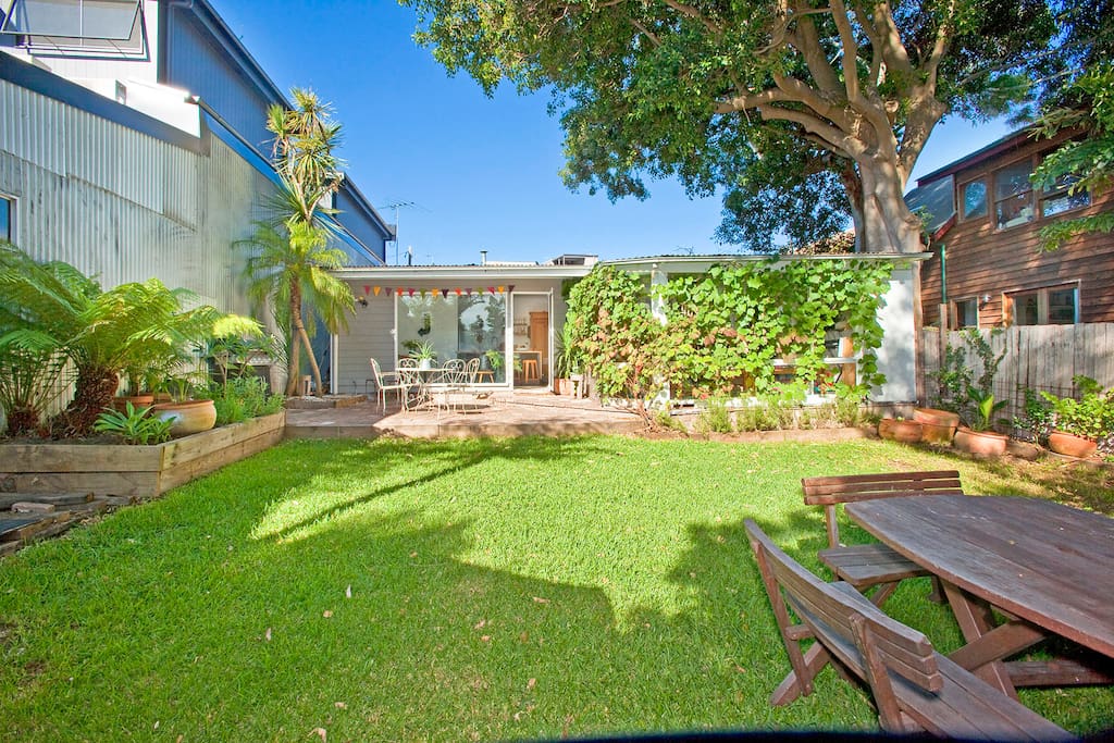 Big back yard. BBQ & outdoor dining. Trampoline or rest in the hammock under the Port Jackson fig tree.