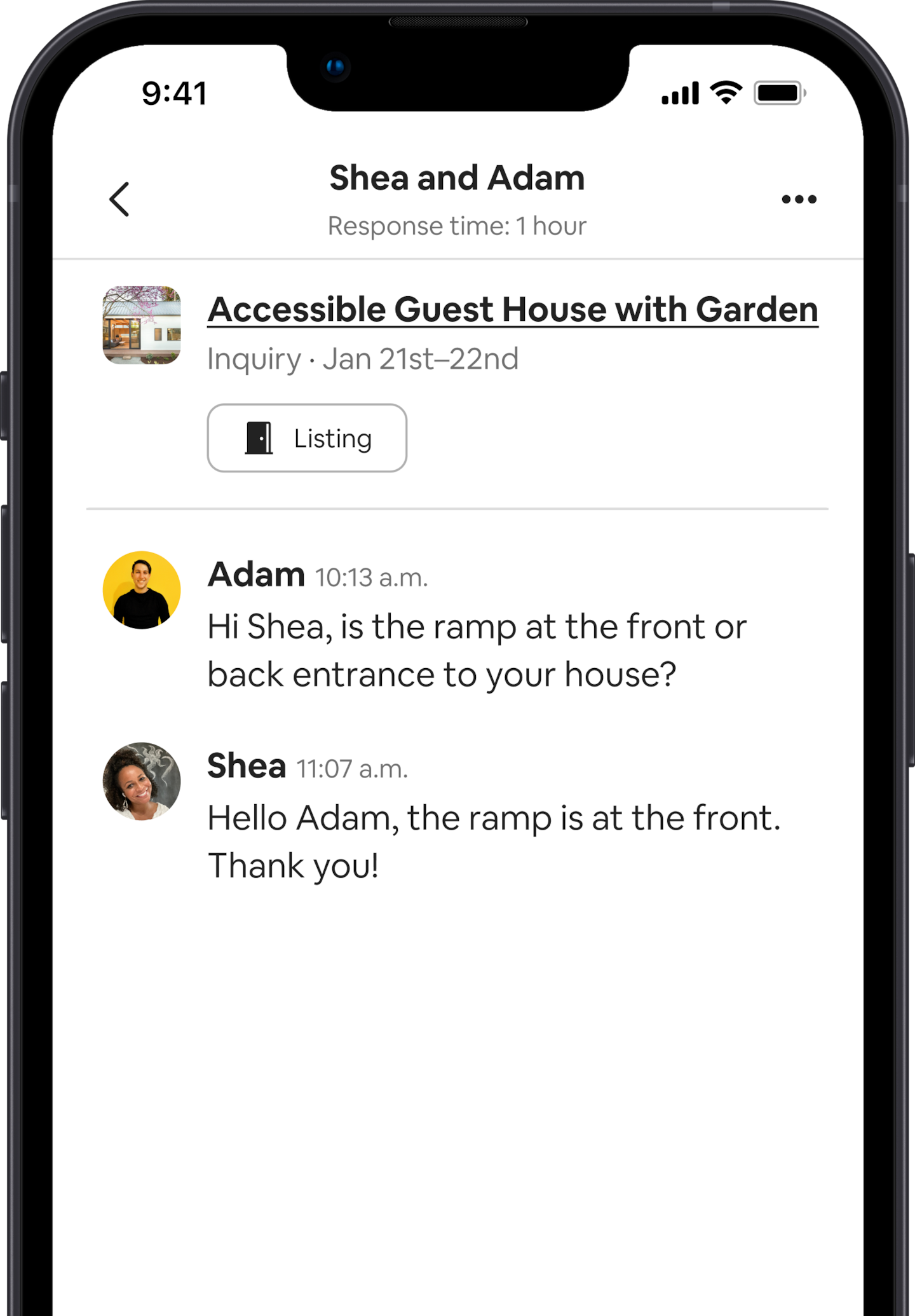 A cell phone displays messages between the Host who describes their listing as accessible and a guest who wants to know more about the space. The guest’s message reads: “Hi Shea, is the ramp at the front or back entrance to your house?” The Host’s response reads: “Hello Adam, the ramp is at the front. Thank you!”