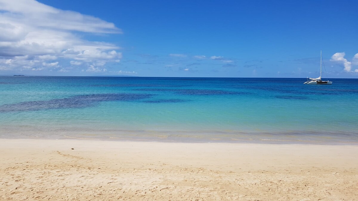 A serene beach scene is captured, featuring a gentle gradient of blue waters meeting a sandy shoreline. A sailboat is visible in the distance, while soft clouds drift across a clear sky, imparting a sense of calmness to the coastal landscape.