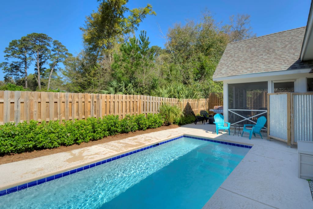 Saltwater dipping pool, fenced yard, screened porch, shower and gas grill.