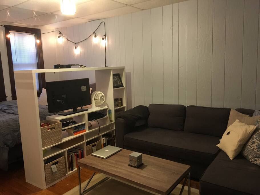 You can swivel the TV to watch on the couch or in bed!