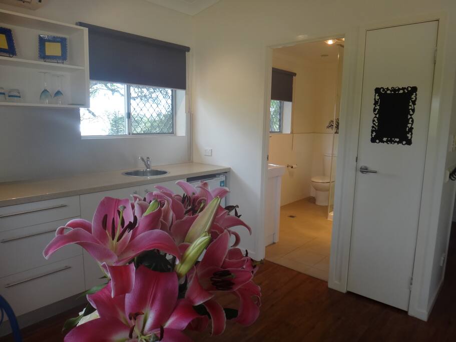 Stylish bathroom with large shower