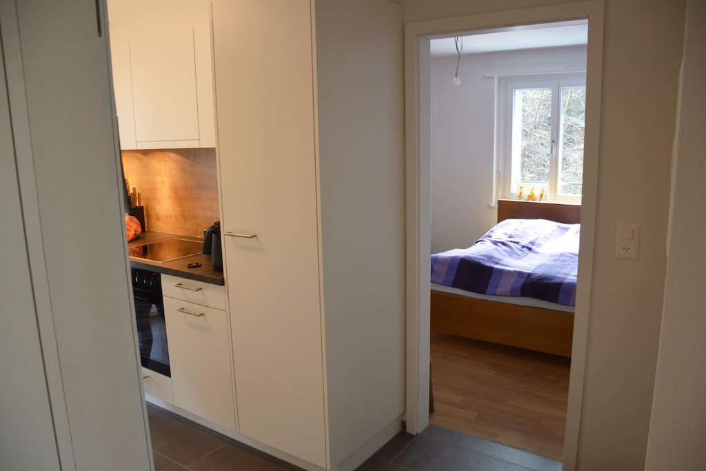 Hall with kitchen and (our) bedroom.