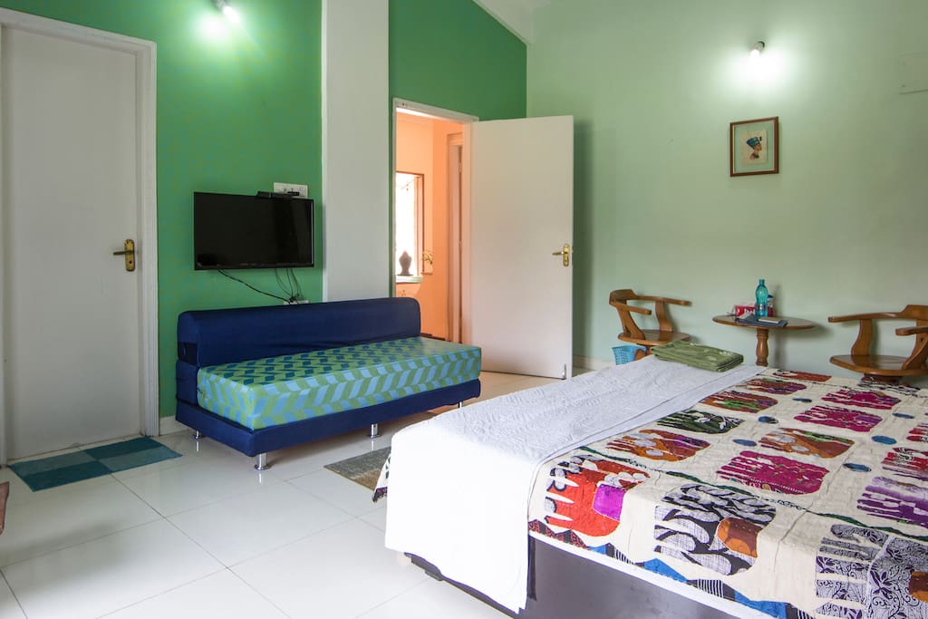 LED TV and Sofa that can be spread to accommodate two more guests