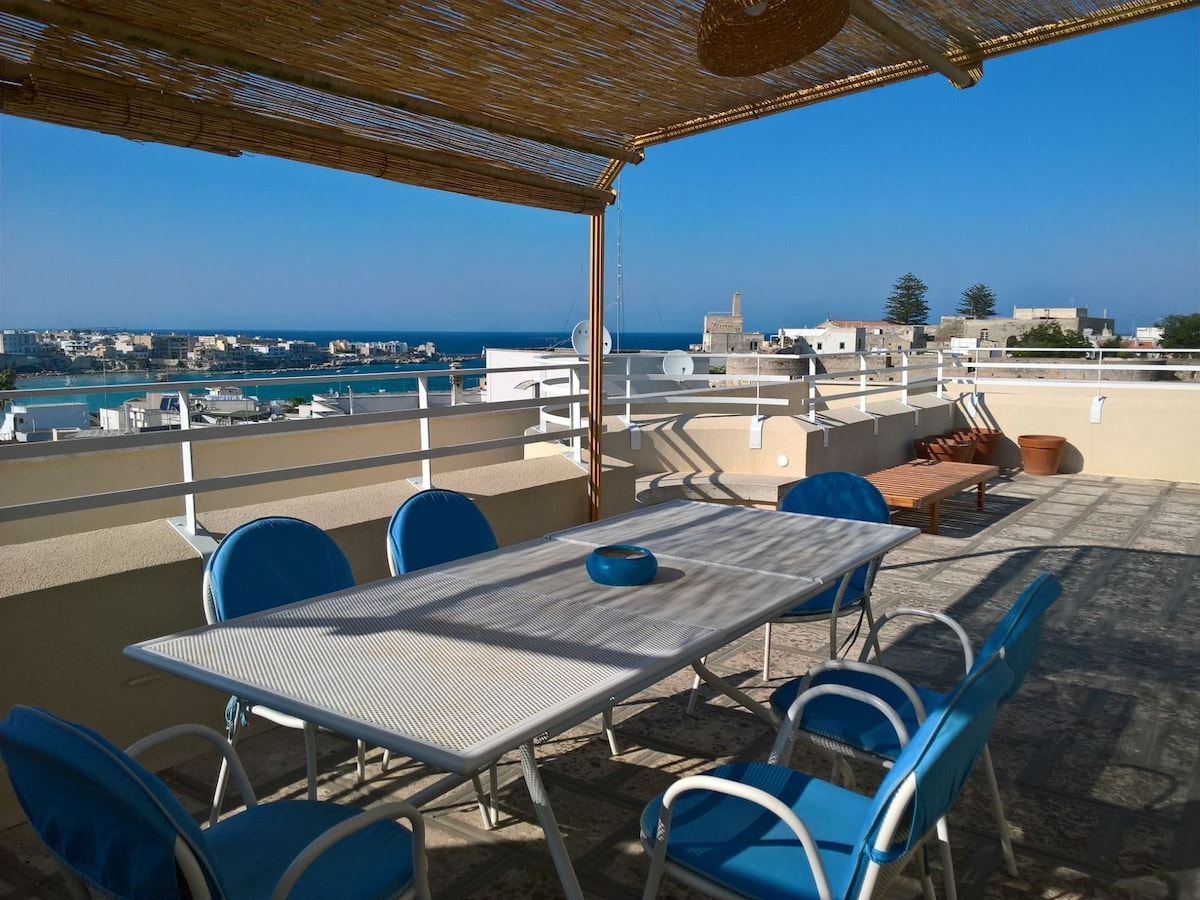 A spacious terrace features a large dining table and six blue chairs under a partially covered bamboo awning. The view extends to the sea and nearby buildings, providing a bright and open outdoor space.