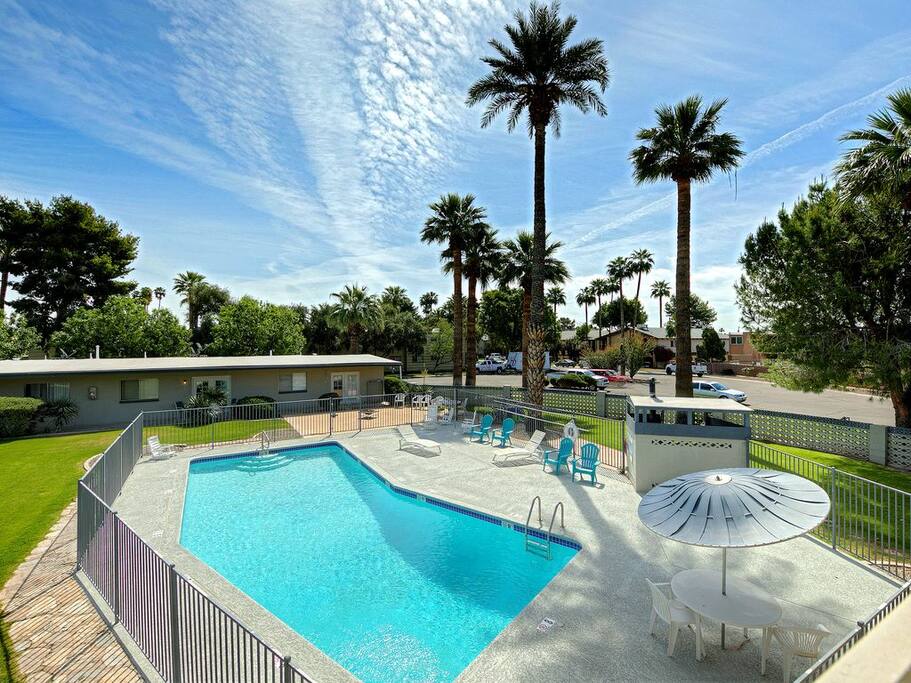 Looking down on pool from balcony
