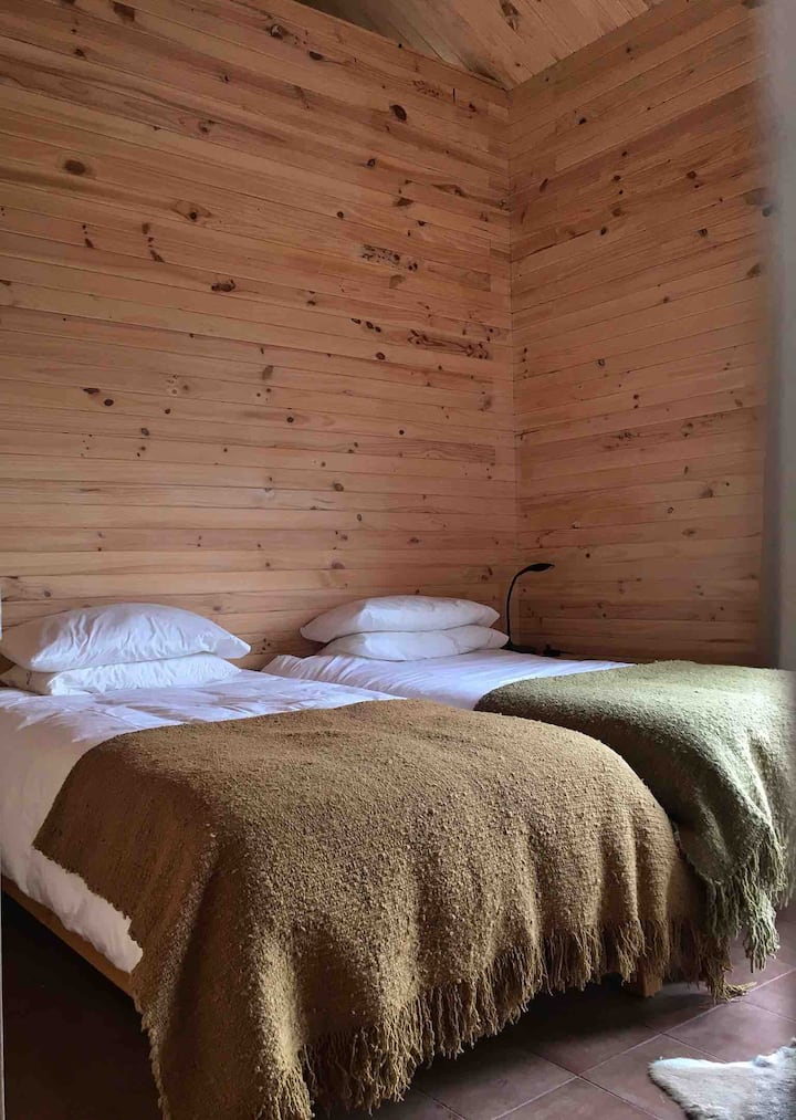 Спална соба со два кревета и мезанин